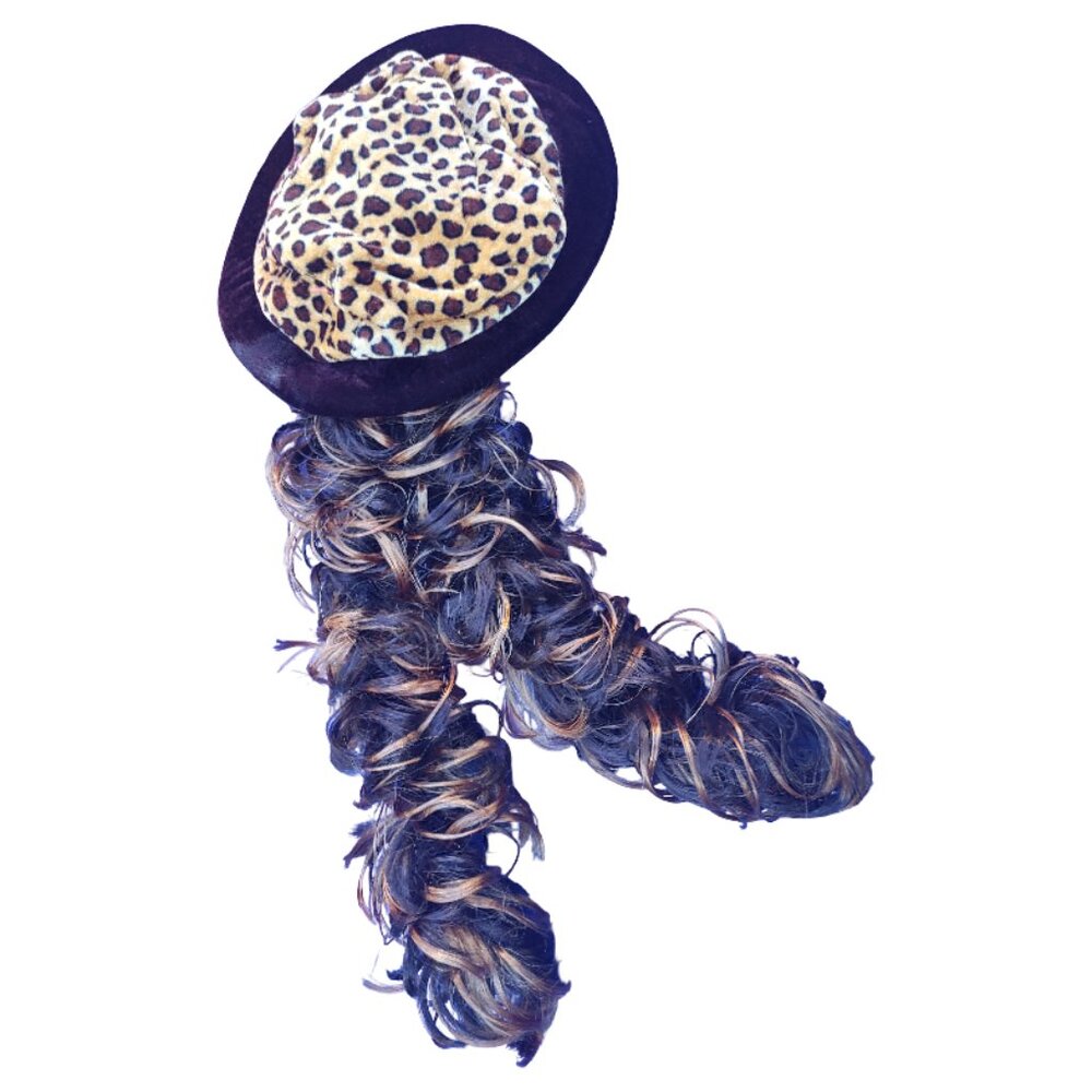 Cheetah Print Hat with Two Brown Hair Wig Ponytail Halloween Costume Cosplay